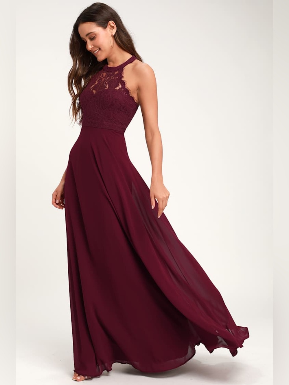 Lulus Dance All Evening Burgundy Lace Open Back Halter Maxi Dress Womens Size L